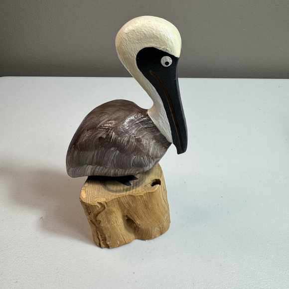 Hand Carved Wooden Pelican Figurine on Driftwood Base Coastal Nautical Decor - Picture 3 of 7